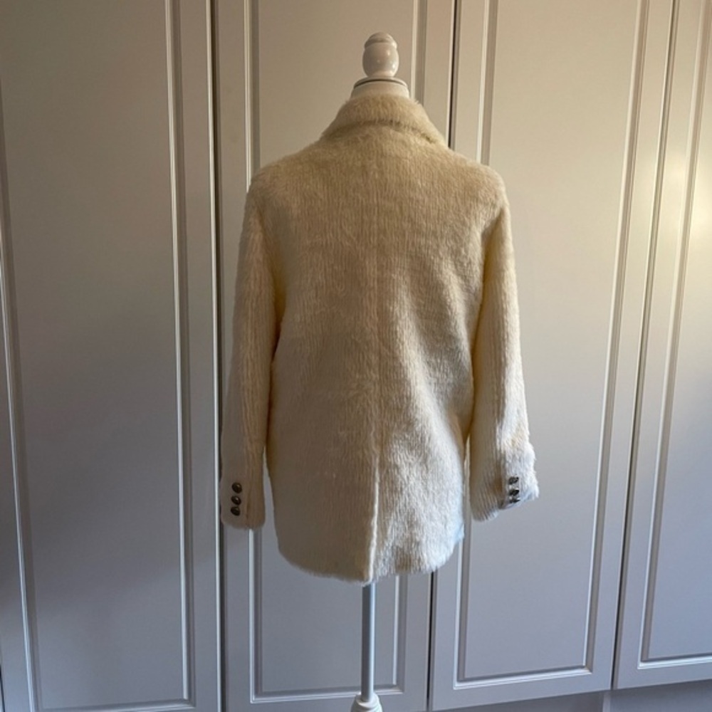 Fuzzy Double Breast White Coat With Metallic Threads & Silver Stamped Buttons - Picture 14 of 14